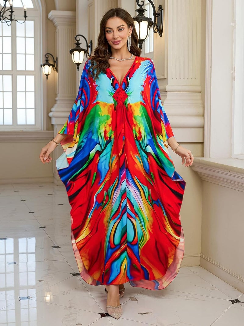 KEYLORTING Women’s Kaftan Beach Cover Up Dress Plus Size Summer Swimsuit Loungewear Maxi Dress - Image 3